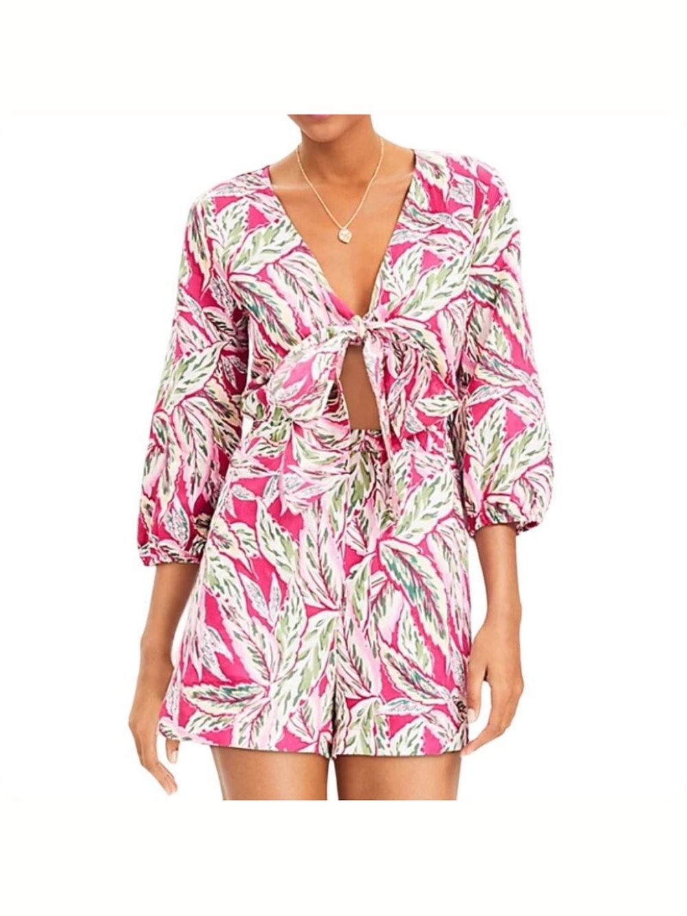 LOFT - BEACH Pink & Green Leaf-Print Swim Cover-Up Romper 100%cotton